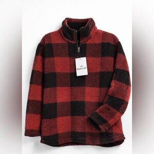 NWT Boxercraft Buffalo Plaid Sherpa Fleece Pullover Red Black Cozy Cabin Jacket